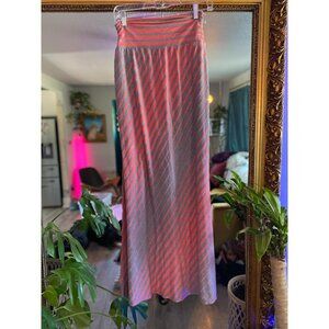 Women's Grey and Coral Striped Maxi Skirt Soft Stretchy Fold-Over Waistband